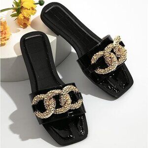 Black Crocodile Embossed Chain Decor Slide Sandals